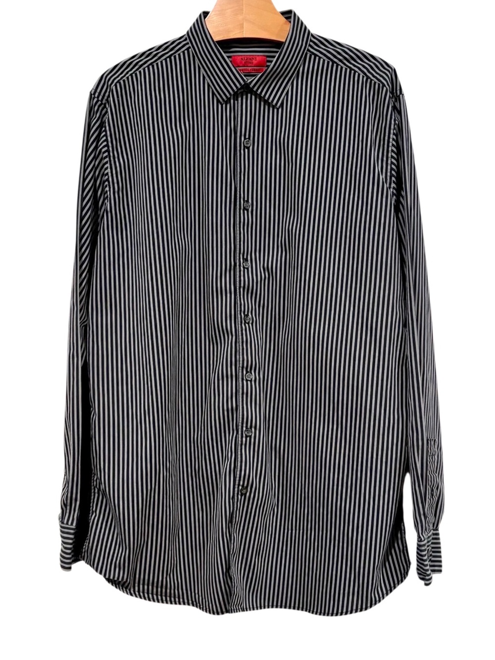 Alfani Fitted Stretch Button Down Dress Shirt Large Black Gray Stripe